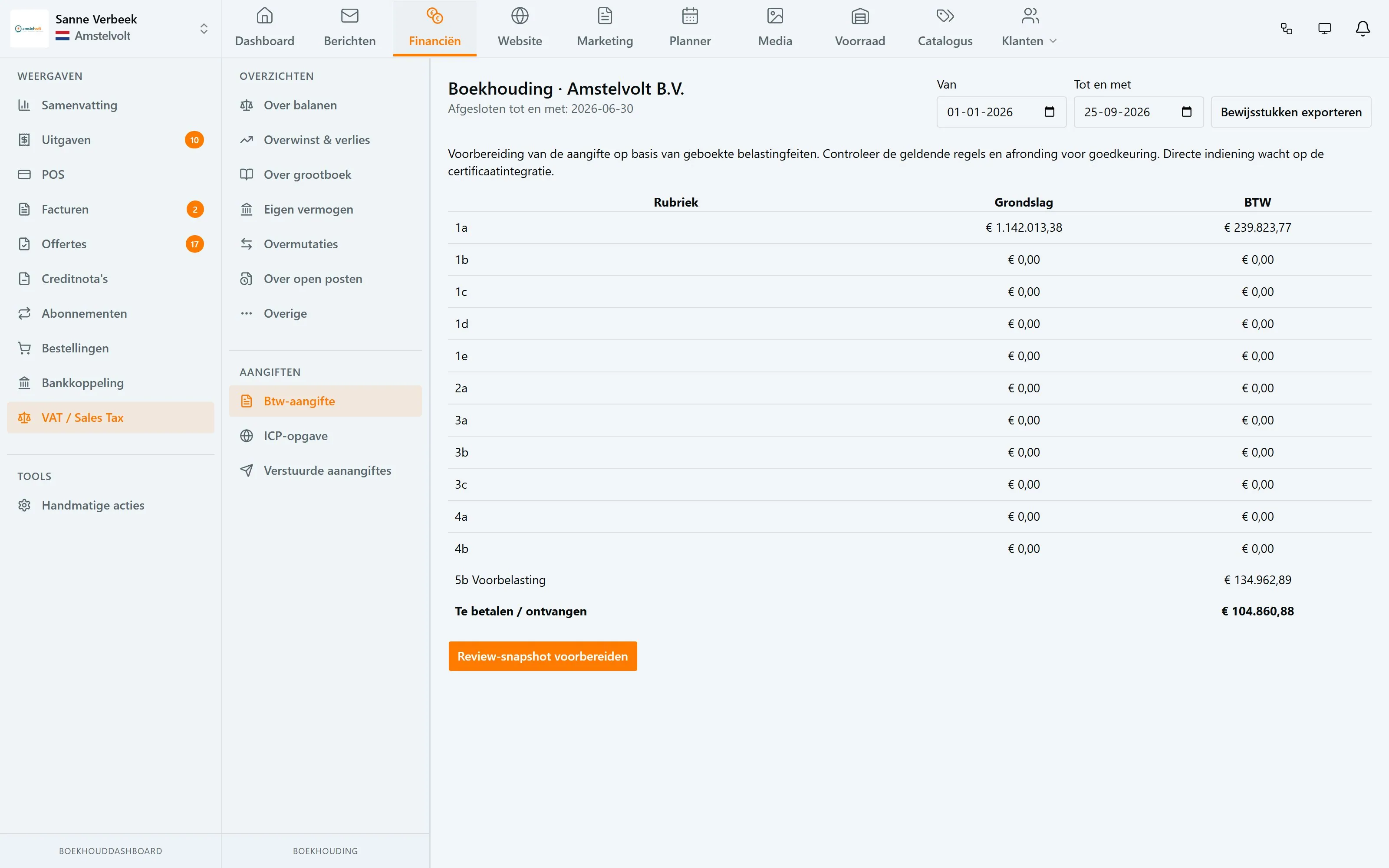 Financiën & betalingen · Btw-aangifte in de Amstelvolt-demo