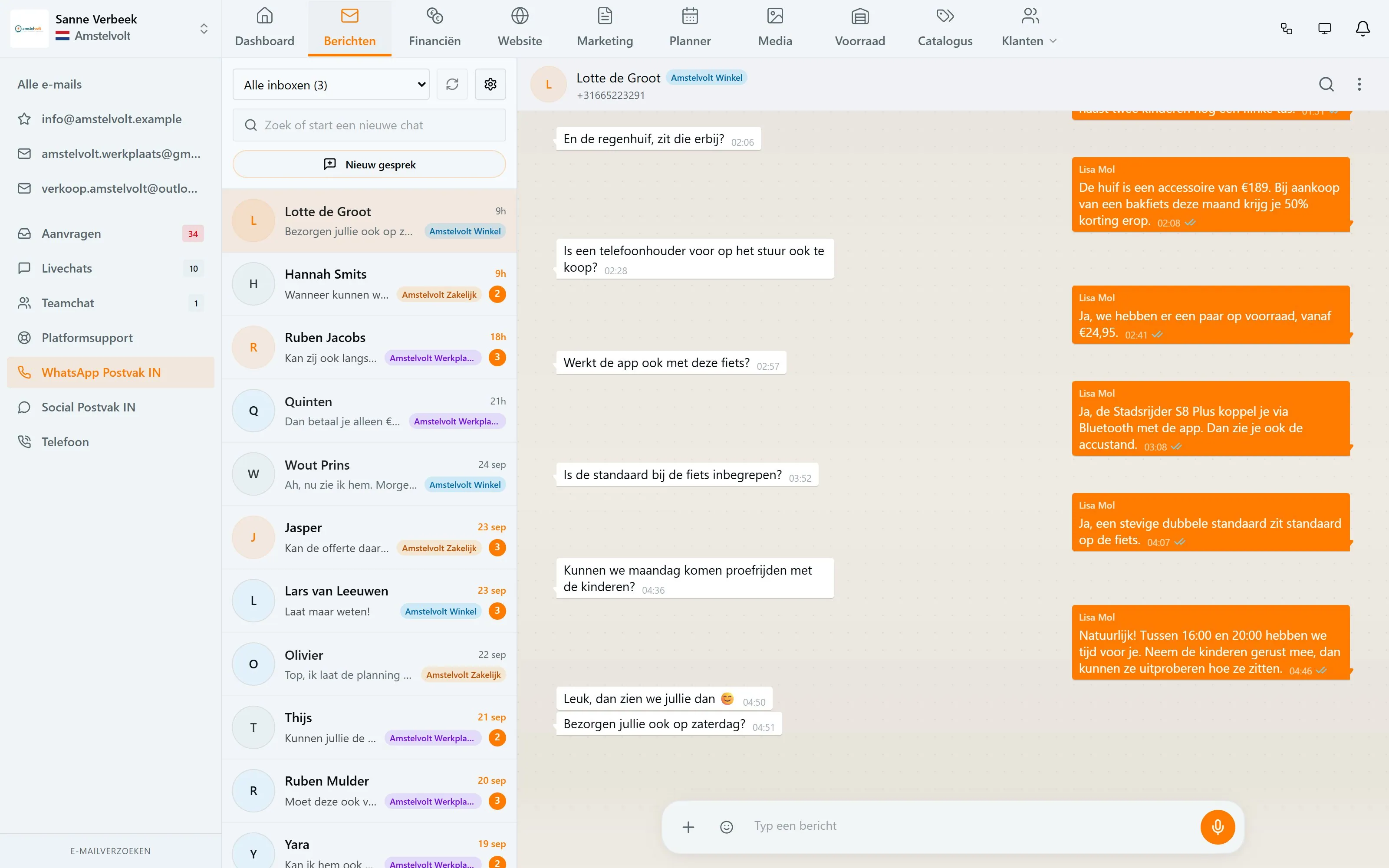Klanten & contact · WhatsApp-gesprek in de Amstelvolt-demo