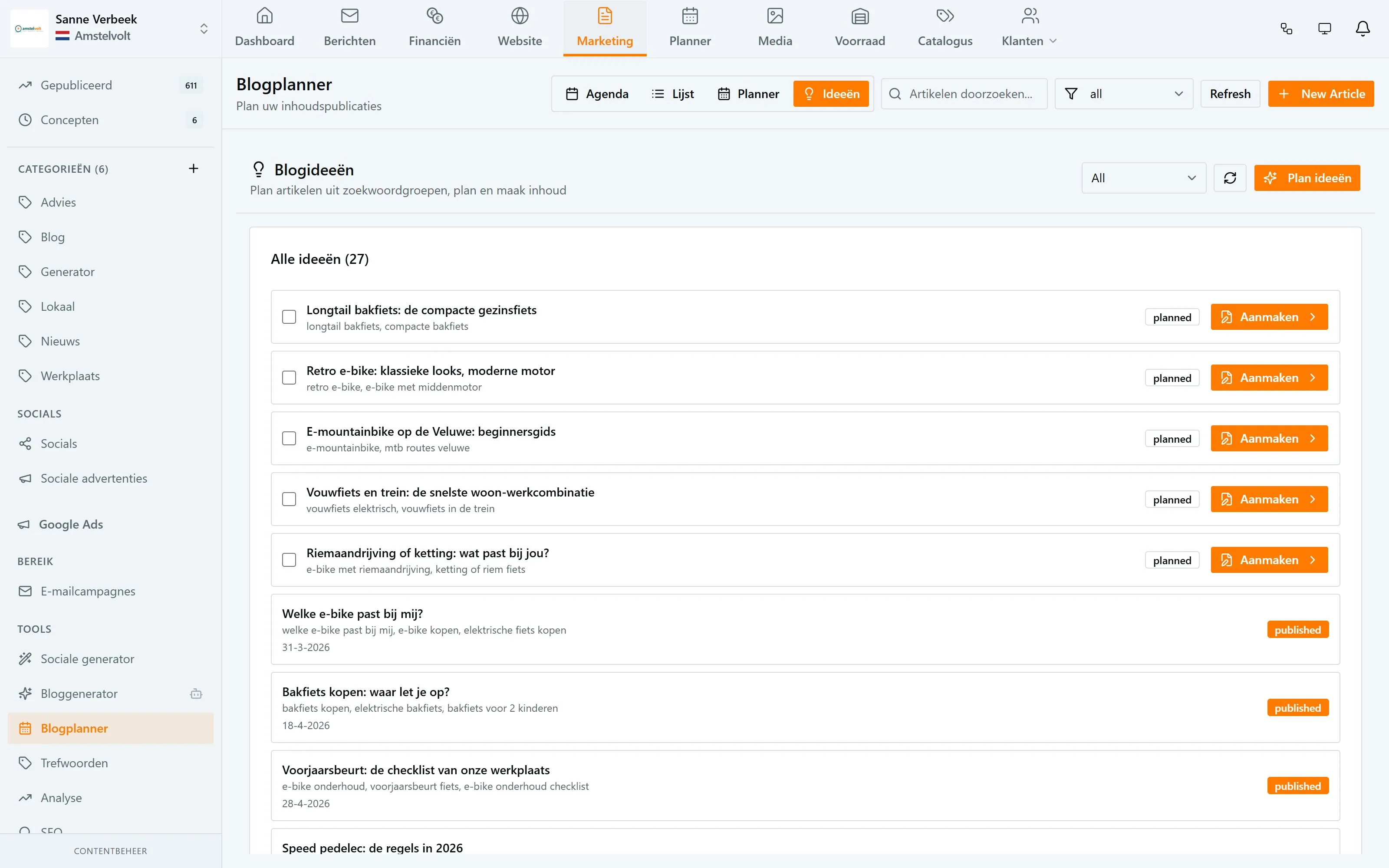 Marketing & inzicht · Blogplanner in de Amstelvolt-demo